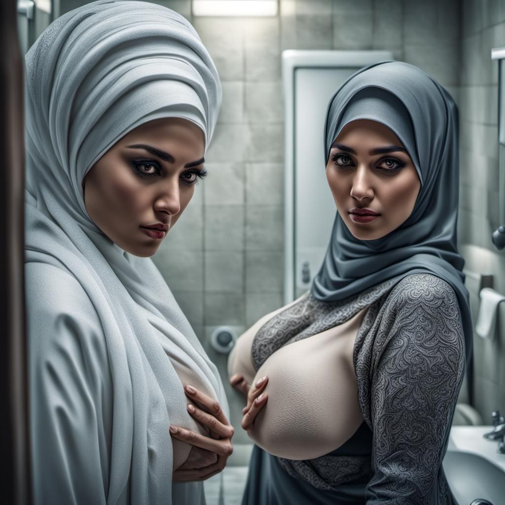 Woman in Hijab: Hyperrealistic Bathroom Scene