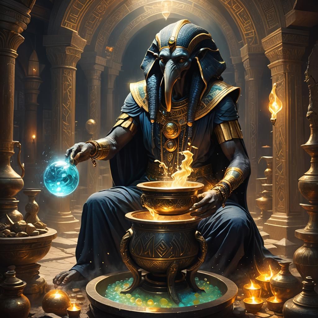 Thoth Mixes Potion in Ornate Cauldron