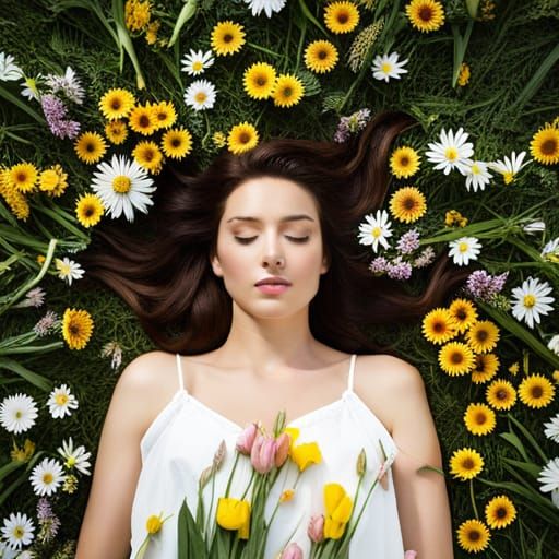 Woman Covered in Spring Flowers in Field