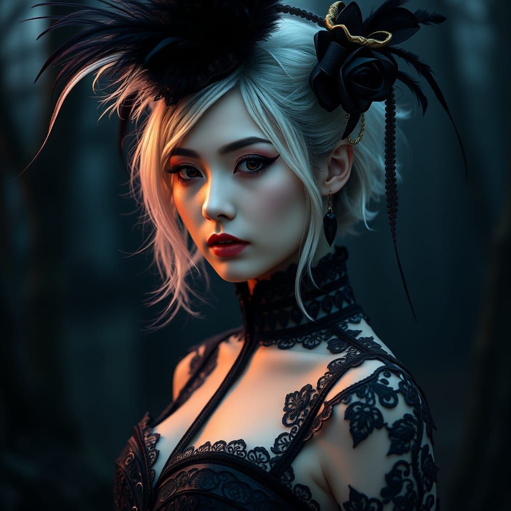 Portrait   d’une femme   gothique, dans une forêt brumeuse a...