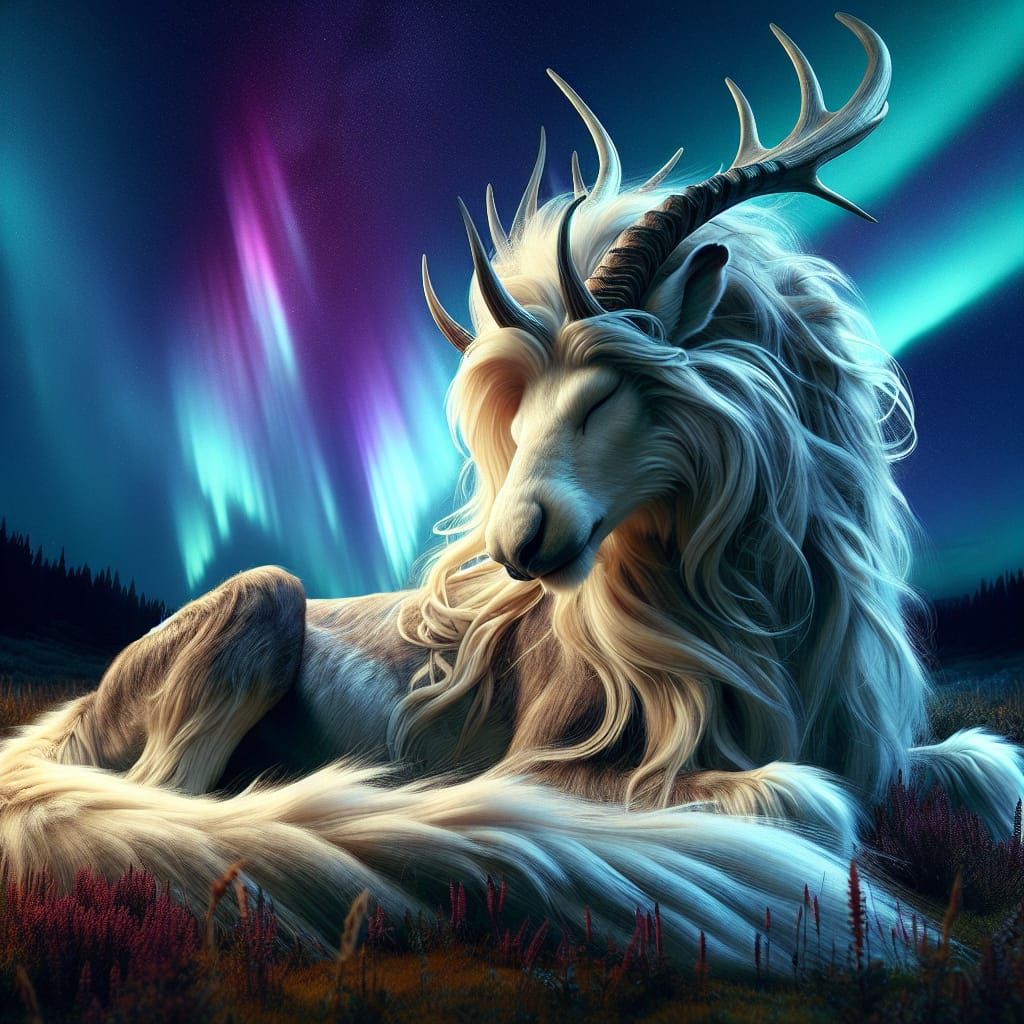Hybrid Creature in Meadow Under Northern Lights