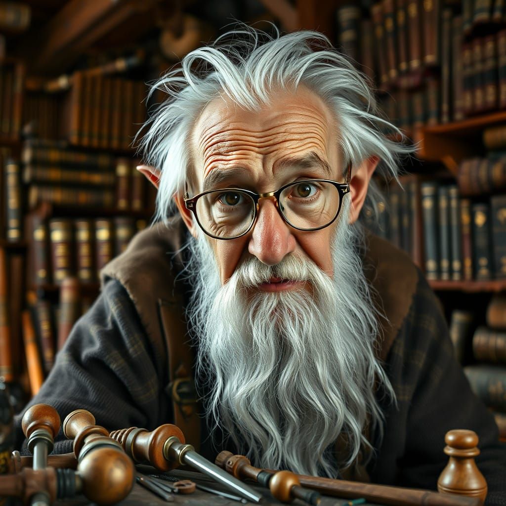 Hyper Realistic Portrait of Wise Elderly Elf in Cozy Treehou...