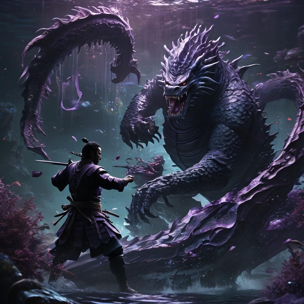 Samurai Battles Aquatic Monster in Dark Underwater Abyss