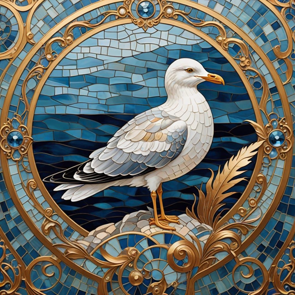 Golden Seagull in Art Nouveau Style with Mosaic Patterns