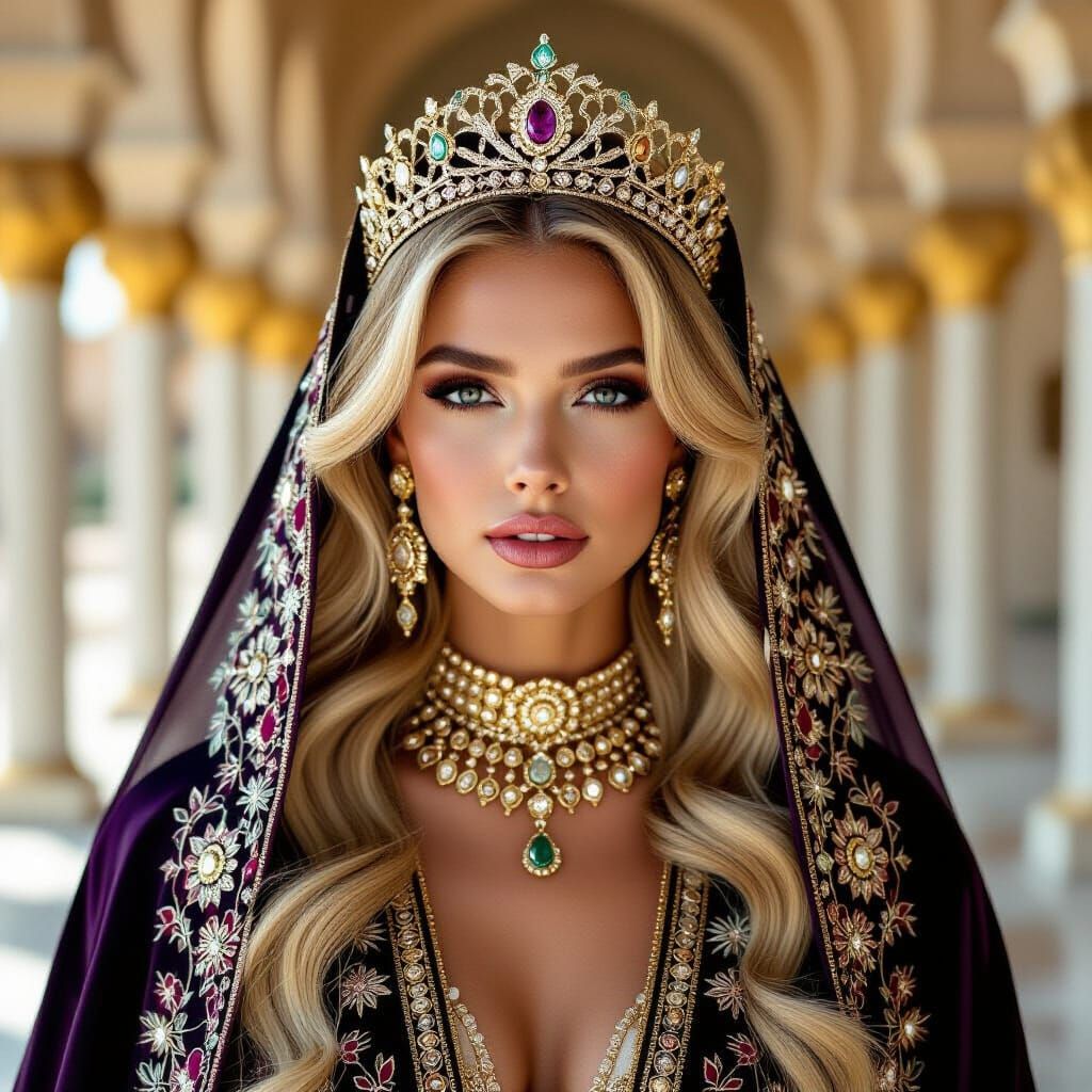 Majestic Blonde Model in Royal Abaya: Cinematic Photo