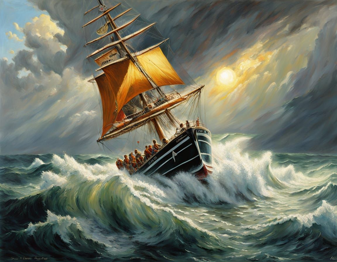 Dramatic Stormy Seascape with Sailing Boat and RNLI Lifeboat