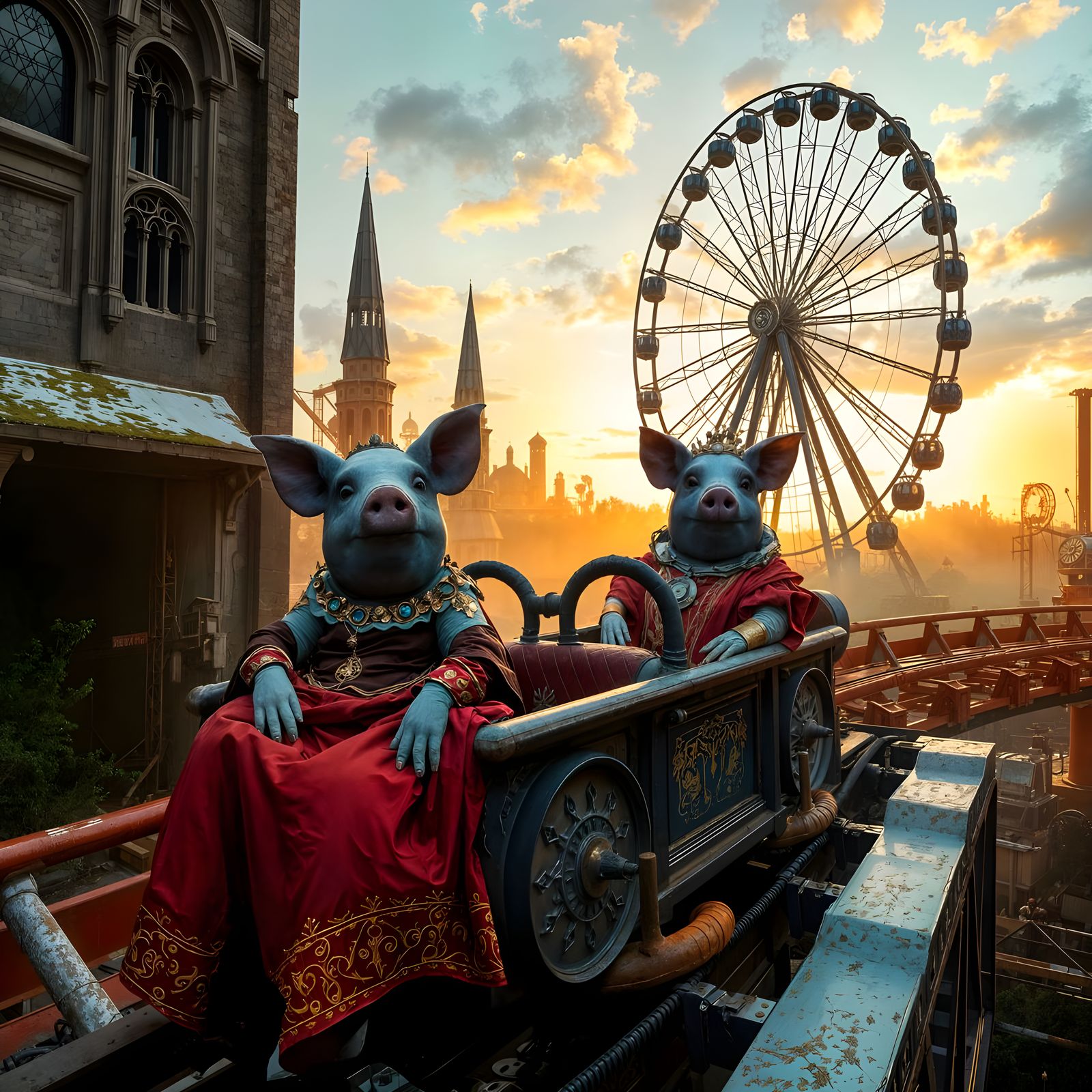 Alien Pig Princesses on a Rollercoaster in Gothic Amusement ...