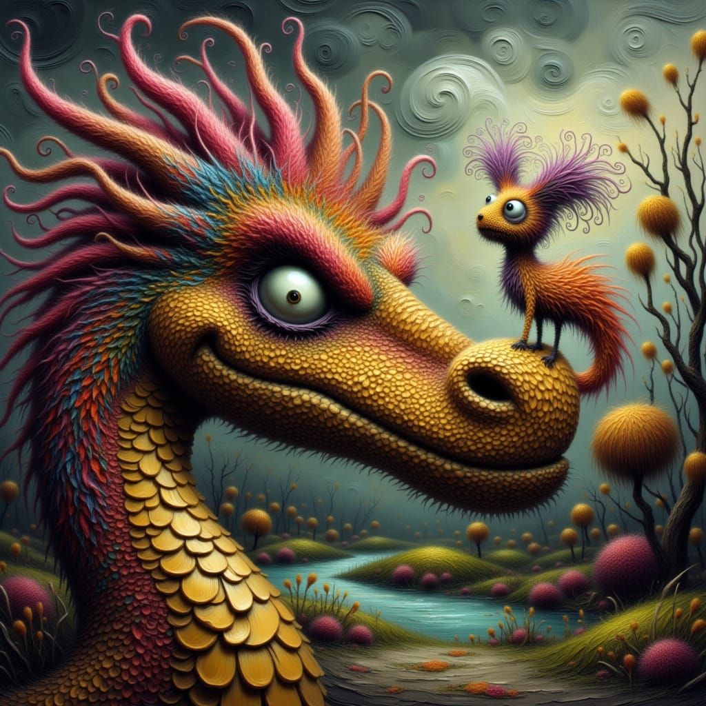 Dragon Snout with Rainbow Creature, Whimsical Style
