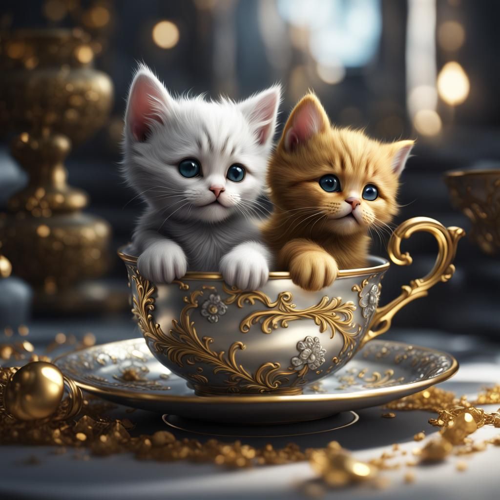 Cute Kitten in Teacup: Fantasy Concept Art