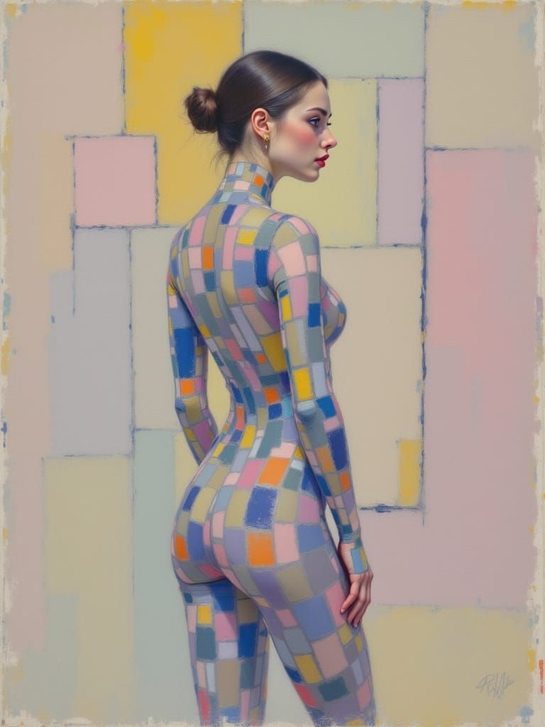 Woman Merges With Geometric Wall Art in Soft Pastel Style