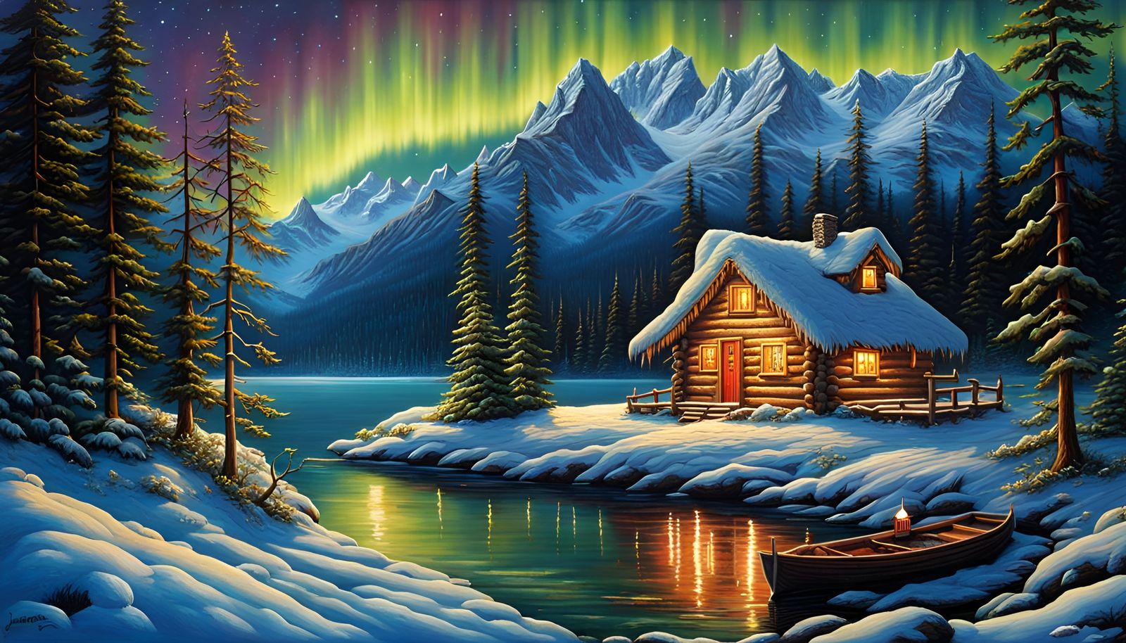 Snowy Log Cabin by Lake Under Northern Lights