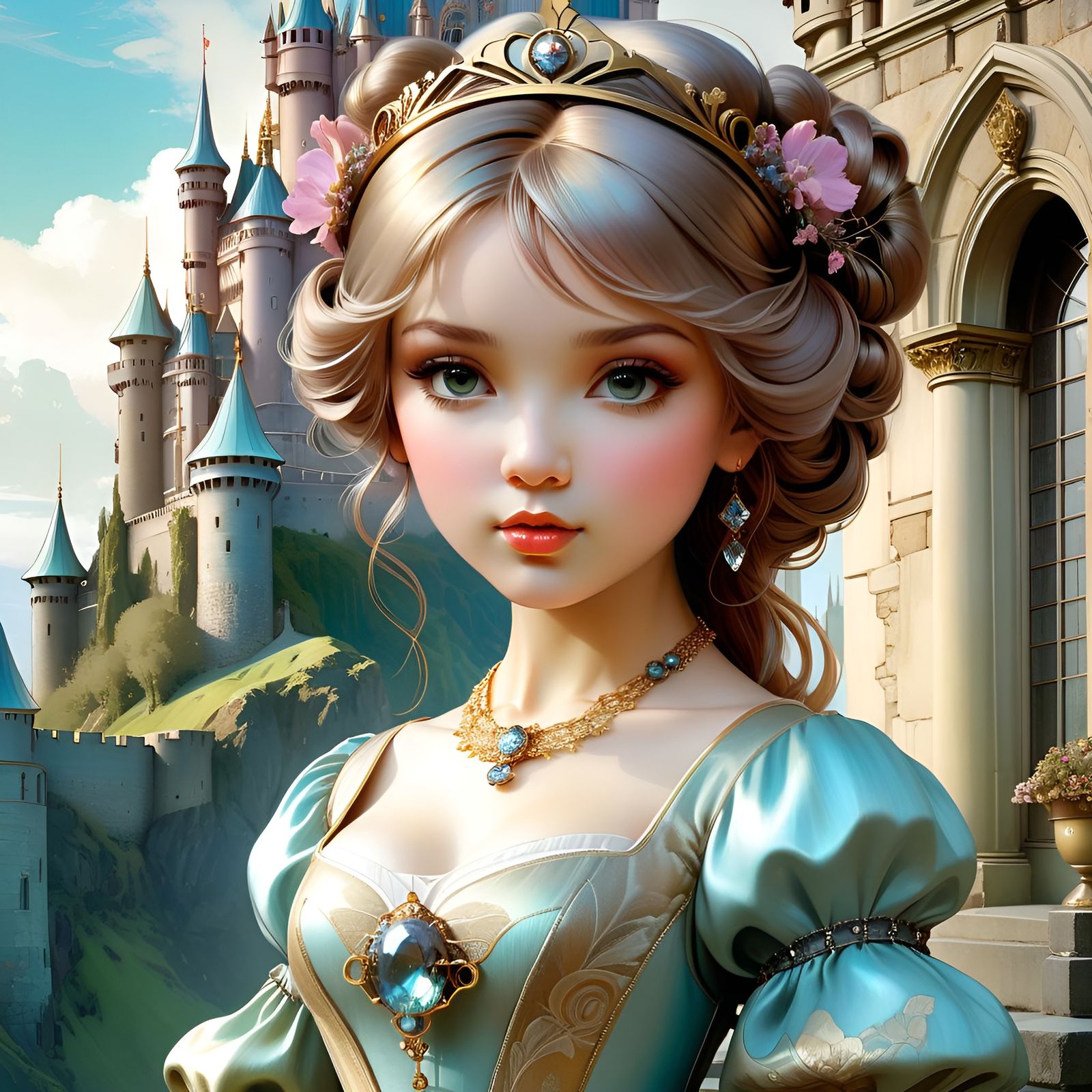 Cute Bobblehead Princess Portrait in Art Nouveau Style