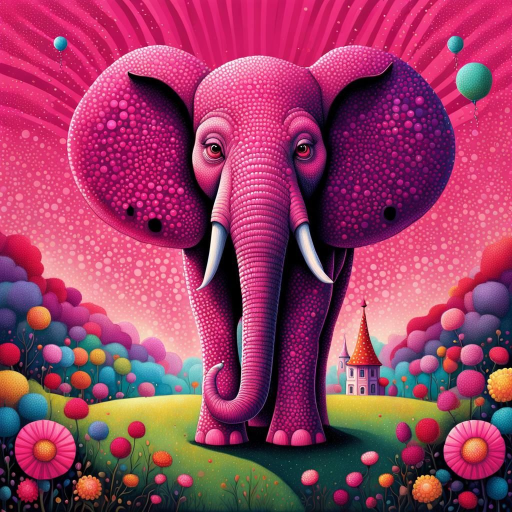 Pink Elephant in Pointillist Pop Art Style