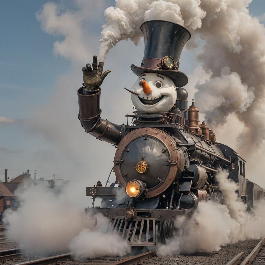 Steampunk Snowman Conducts Steam Locomotive