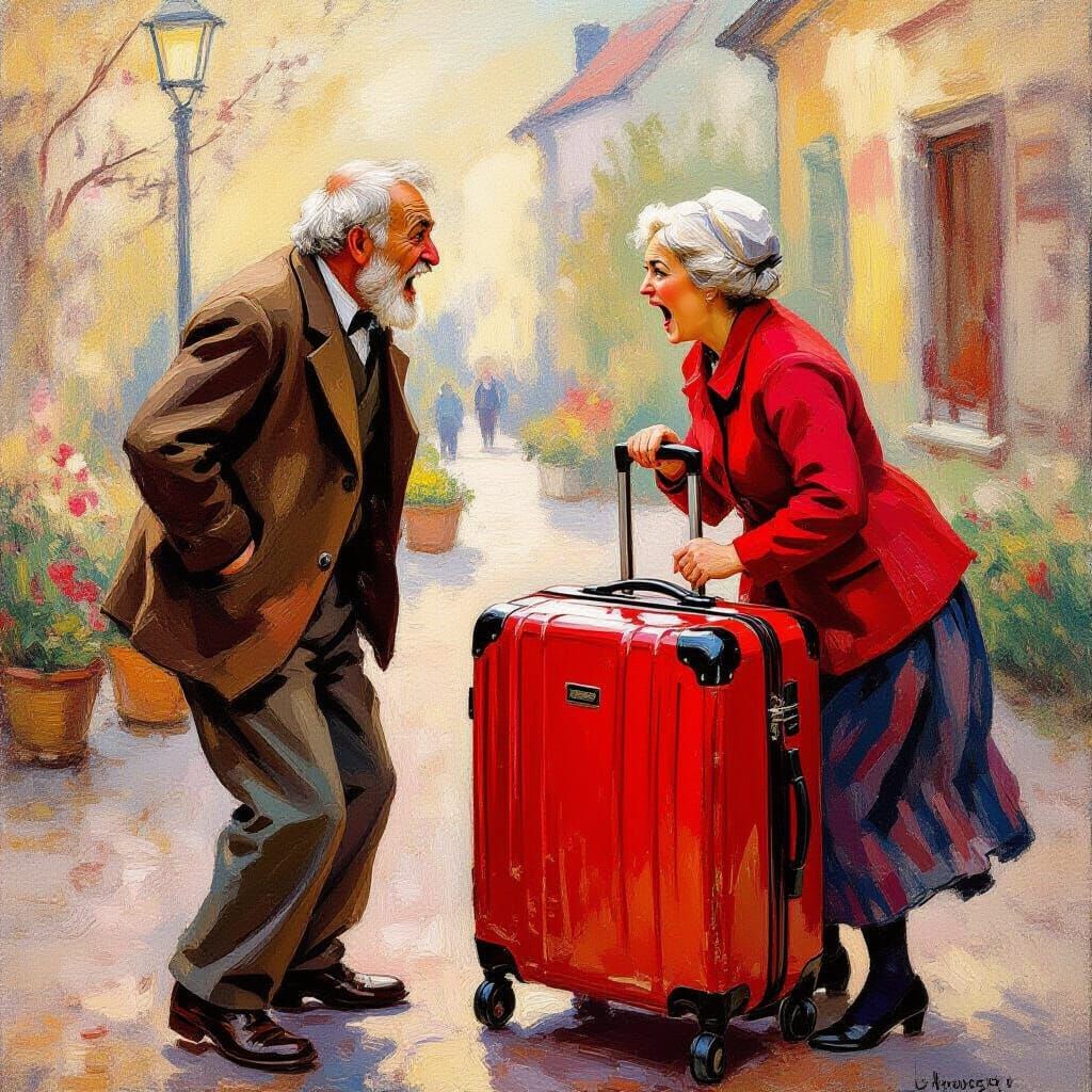 Elderly Couple Argues Near Red Suitcase, Impressionist Style