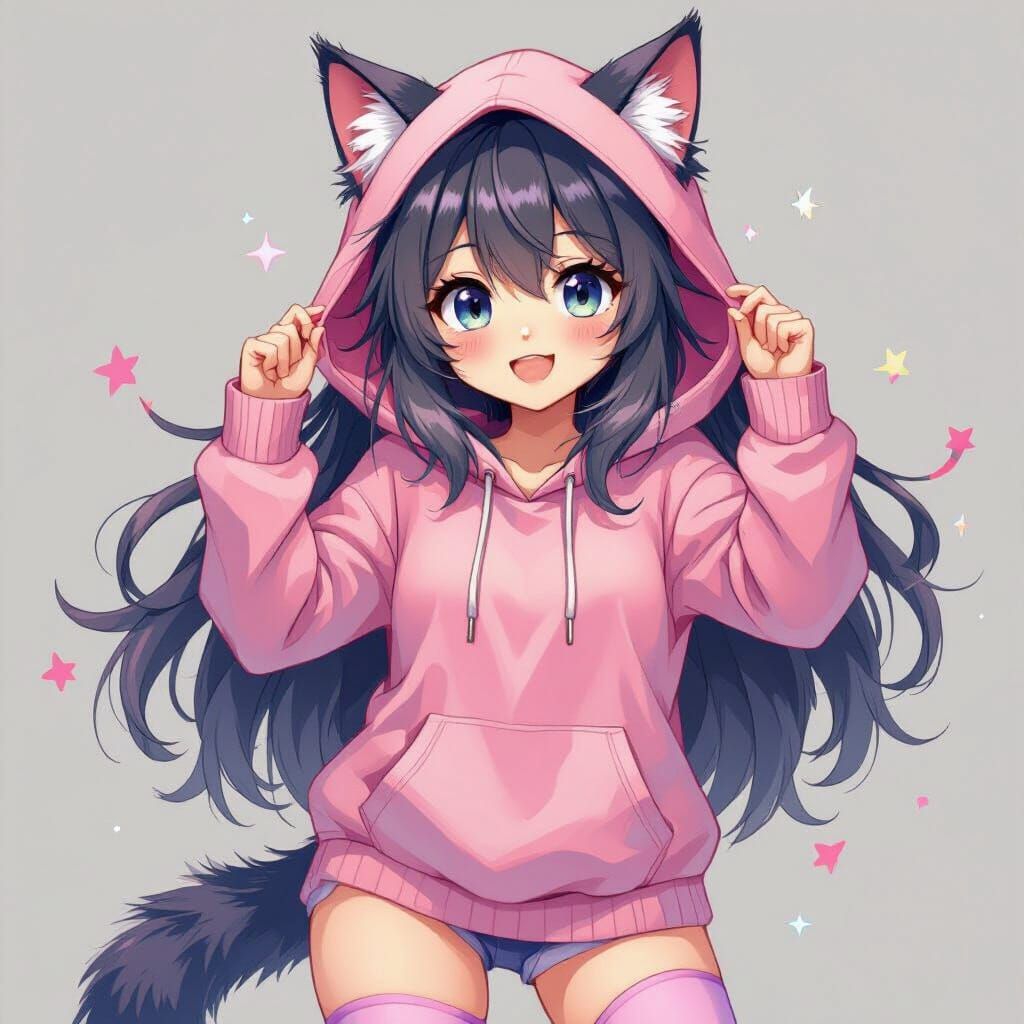 Playful Cat-Girl in Digital Painting Style