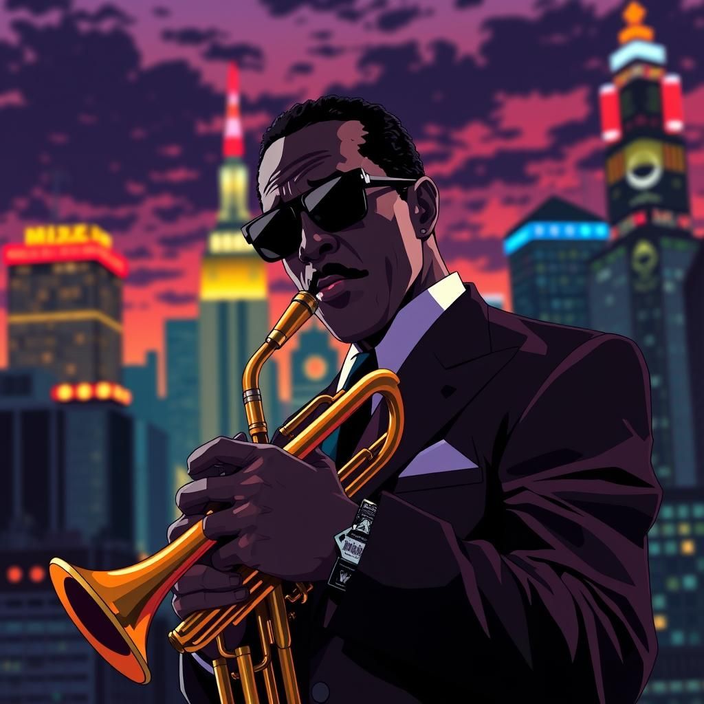Miles Davis in Anime-Inspired Neon Cityscape