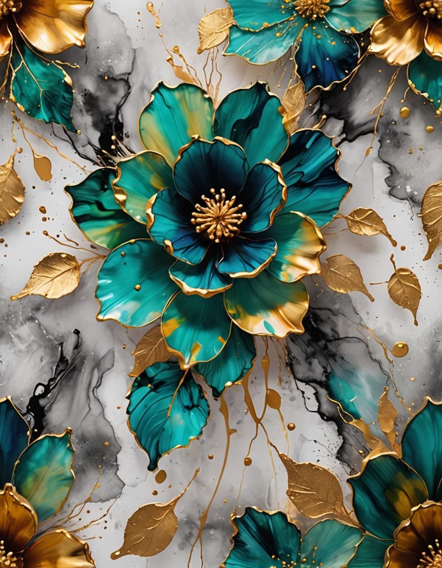 Abstract Flower Painting with Alcohol Ink and Gold