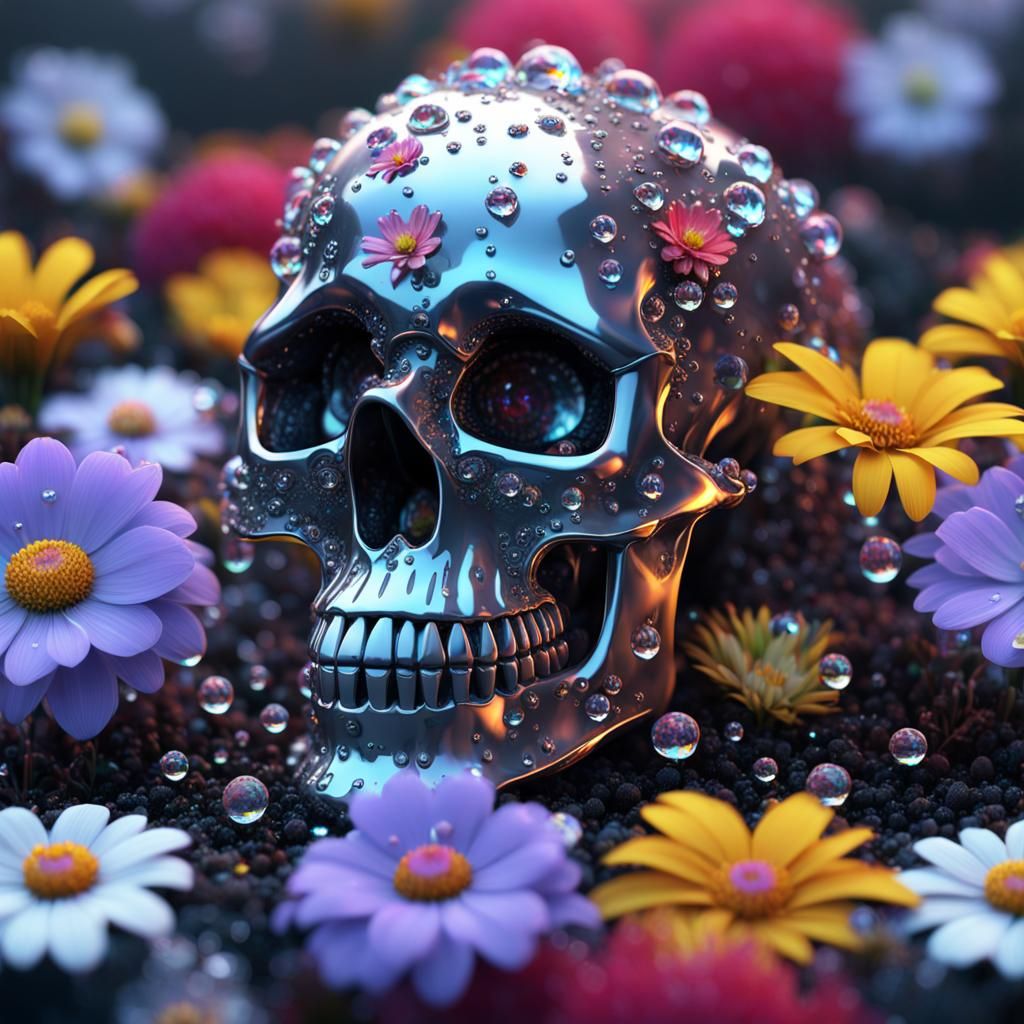 Crystal Skull with Flowers and Dew in Sci-Fi Style