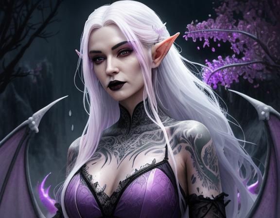 A wet vampiric looking beautiful, lilac tattooed elvish woma...