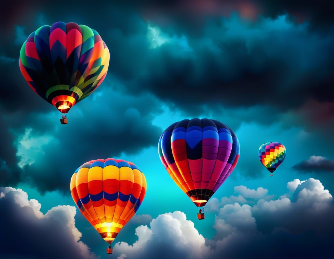 Hot Air Balloons Soaring Through Dark Sky Digital Art
