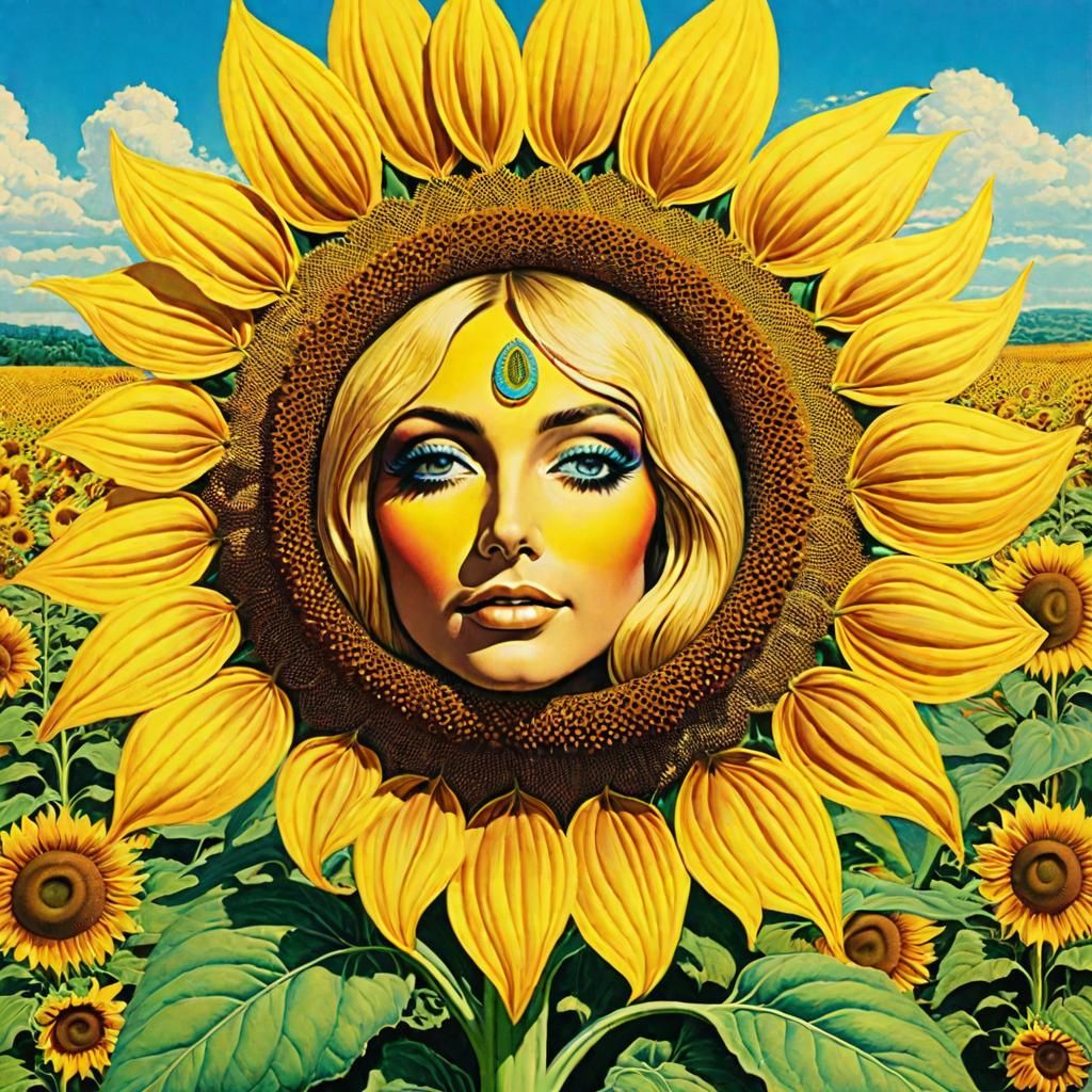 Psychedelic Hippie in Sunflower Field Art