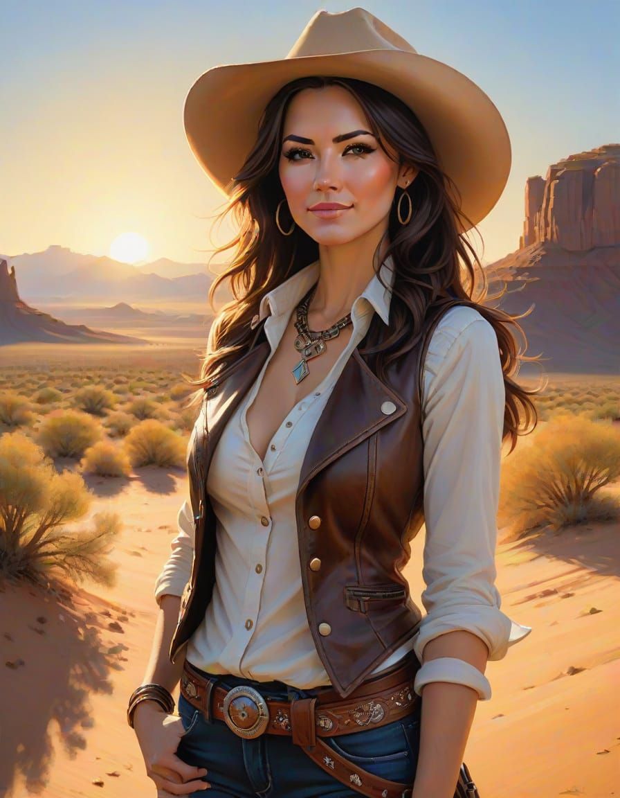 Elegant Desert Cowgirl in Hyper-Realistic Western Style
