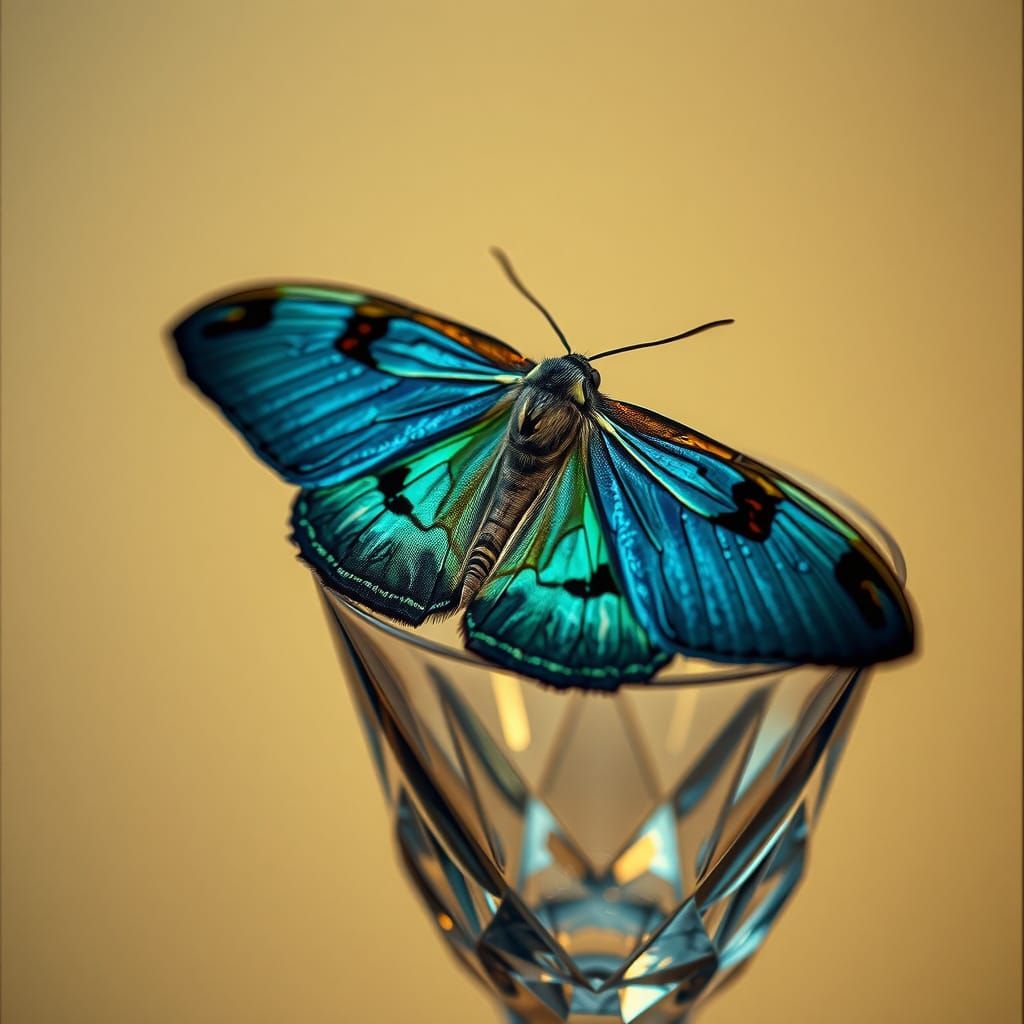 Ethereal Moth Perches on Crystal Goblet in Dreamy, Cinematic...