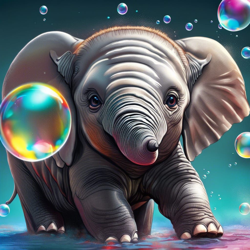 Hyperrealistic Baby Elephant Blowing Bubbles in Splash Art