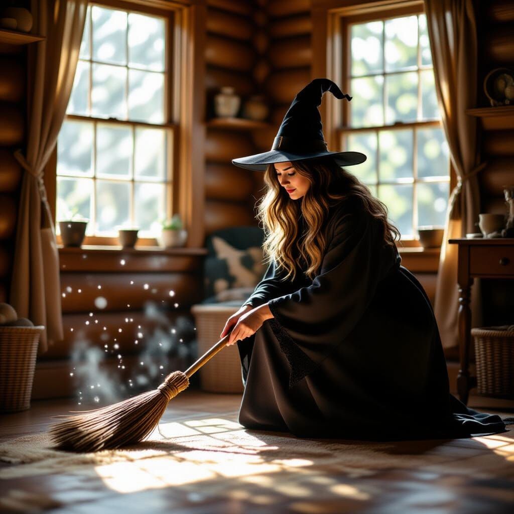 Witch Sweeping Cozy Cottage Interior with Magical Broom