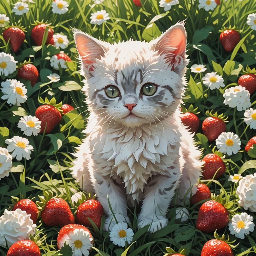 Pouty Kitten Surrounded by Treats in Anime Style