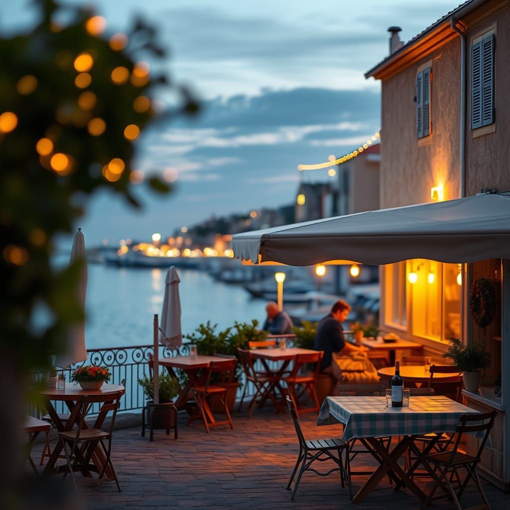 Charming Seaside Cafe in Southern France at Dusk