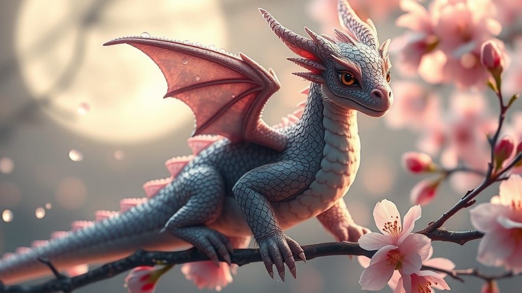 Fluffy Dragon Portrait with Cherry Blossoms