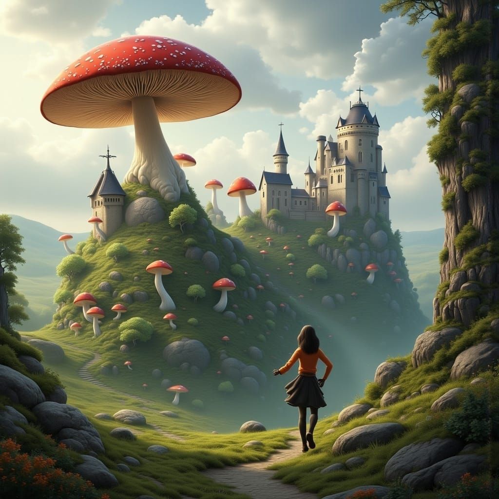 Whimsical Castle in a Lush Valley Landscape with Mushrooms