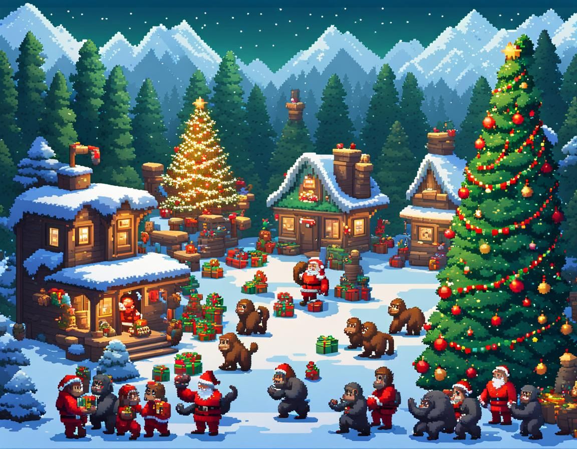 Festive 8-bit Christmas Gorilla Game Scene