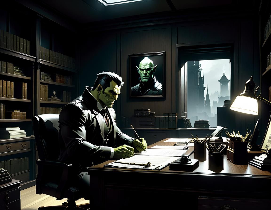 Half-Orc Investigator in Office, Dark Fantasy Illustration