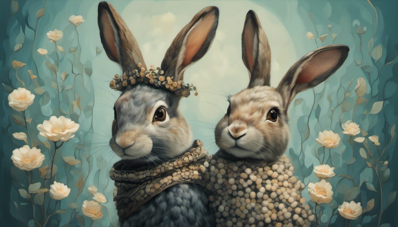 Surreal Rabbit Couple in Tattoo Sketch Style