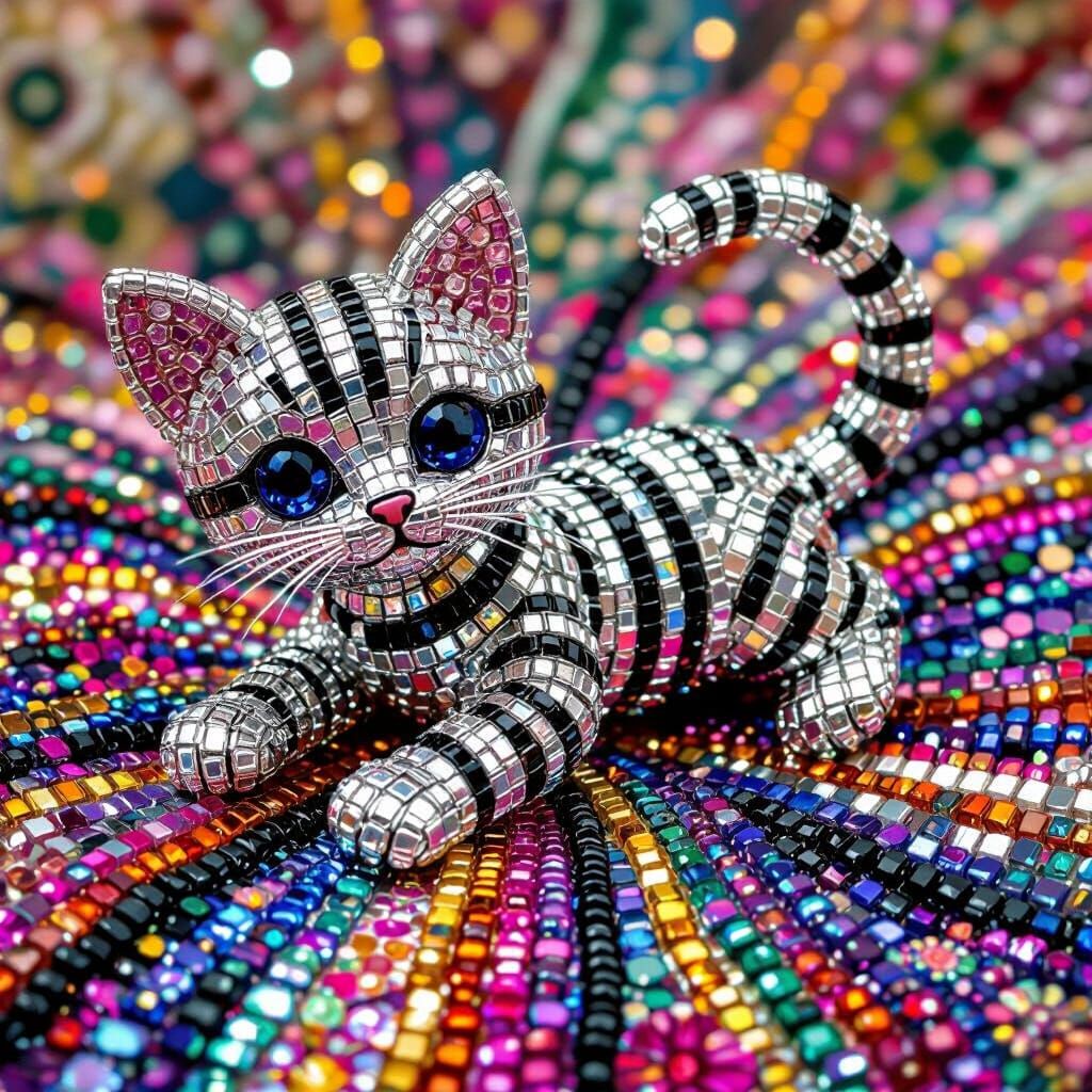 Beaded Kitten Sculpture in Playful Pop Art Style