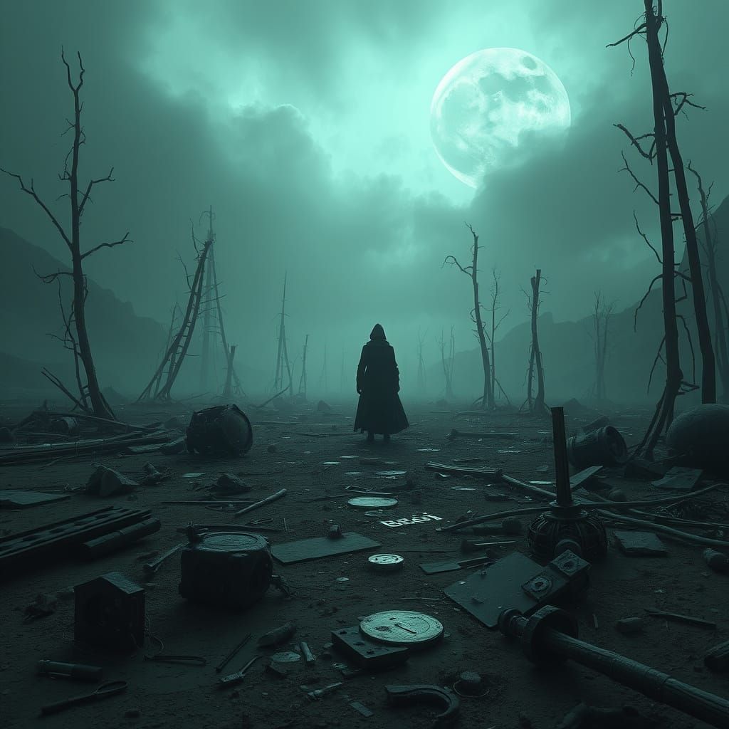 Post-Apocalyptic Figure in Eerie Surrealist Landscape