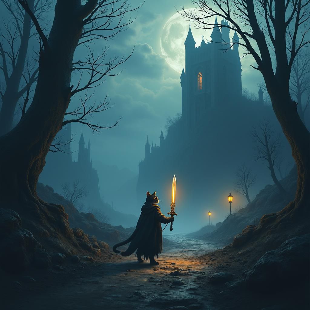 Adventurous Cat in Dark Fantasy Landscape