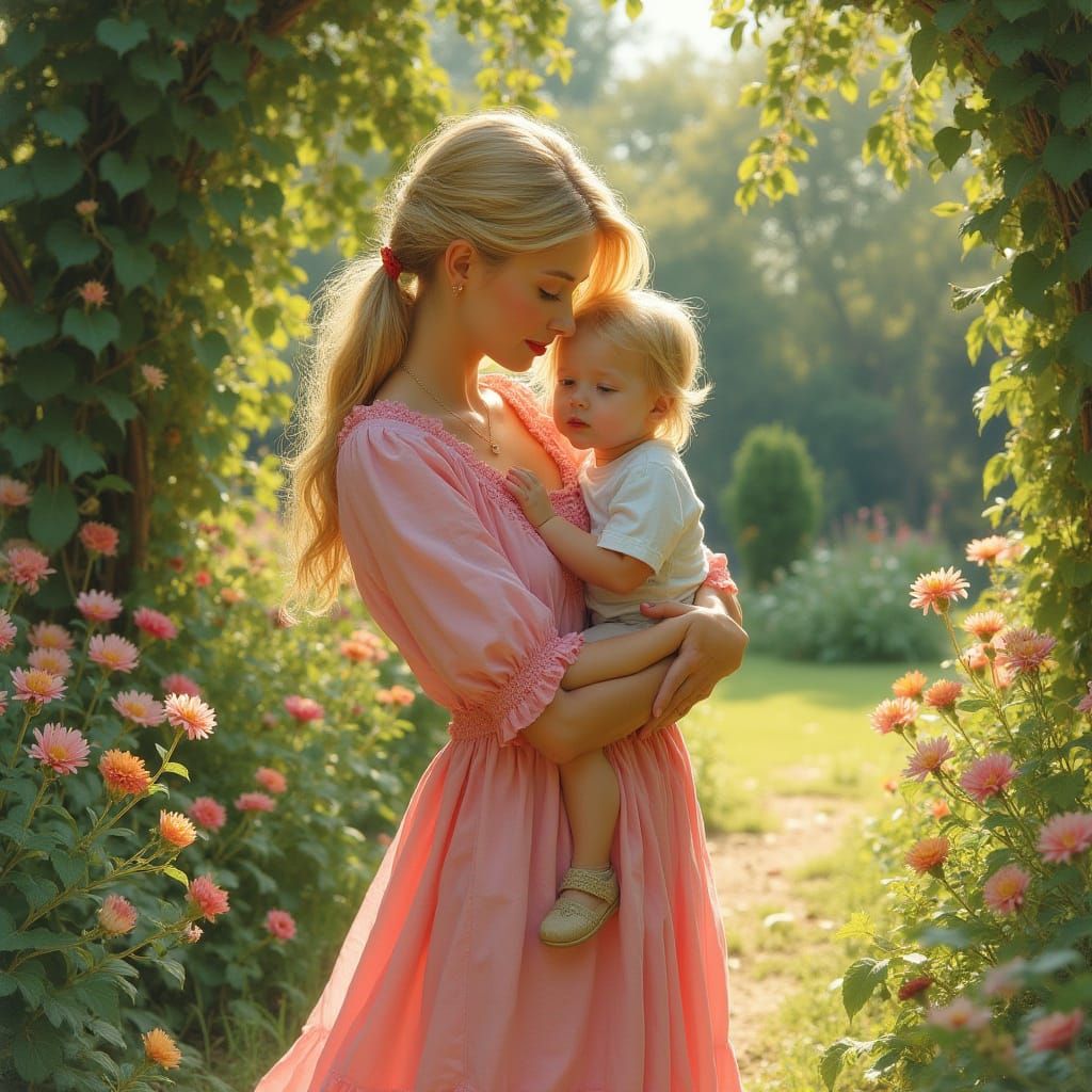 Warm Motherly Love in a Cozy Garden Scene