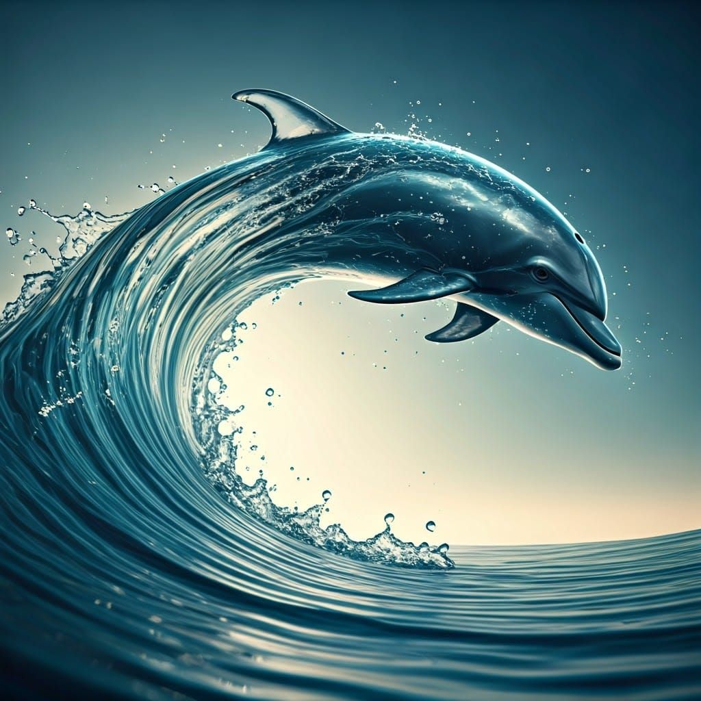 Surreal Dolphin Leaps Through Crystal Wave in Vibrant Light