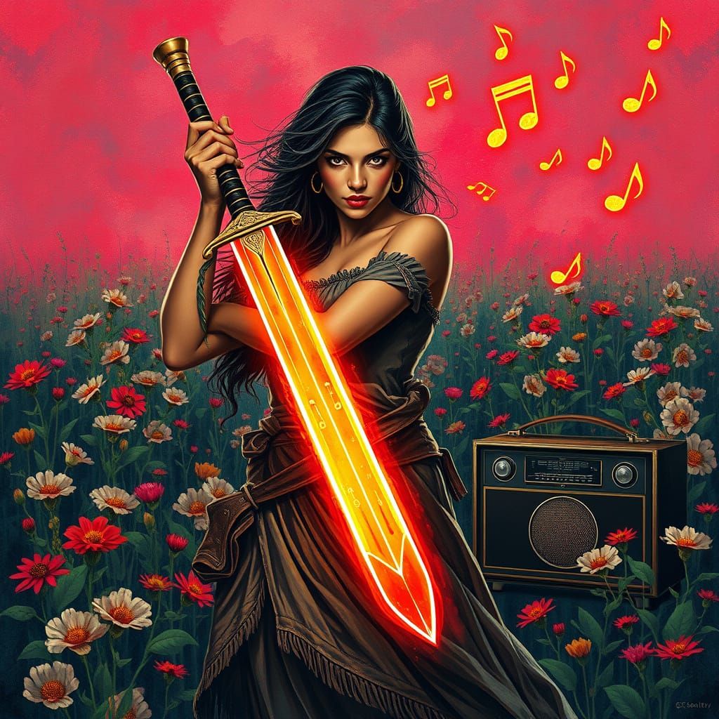 Vibrant Battle Goddess in a Floral Landscape