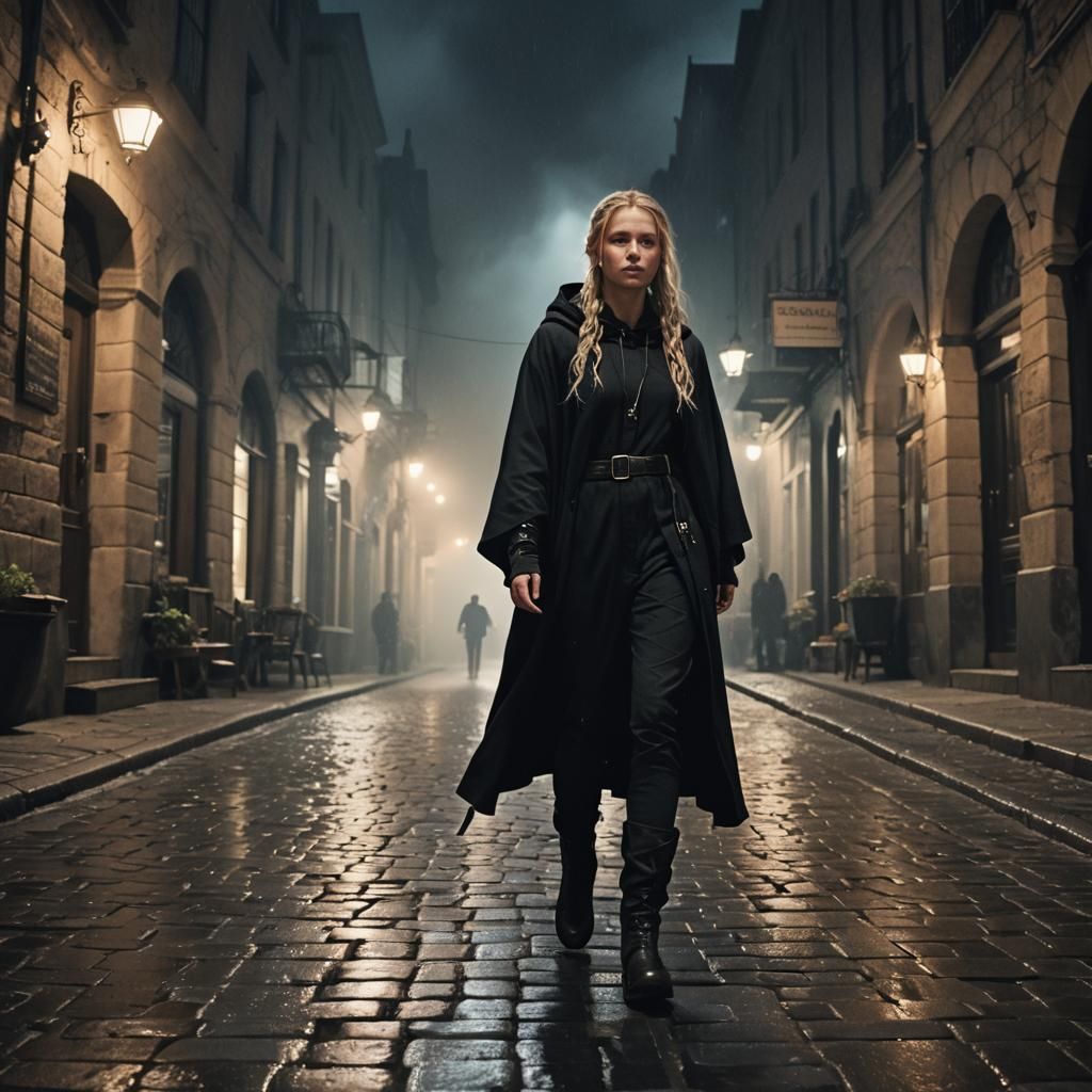 Mysterious Woman Walks Cobblestone Street at Night