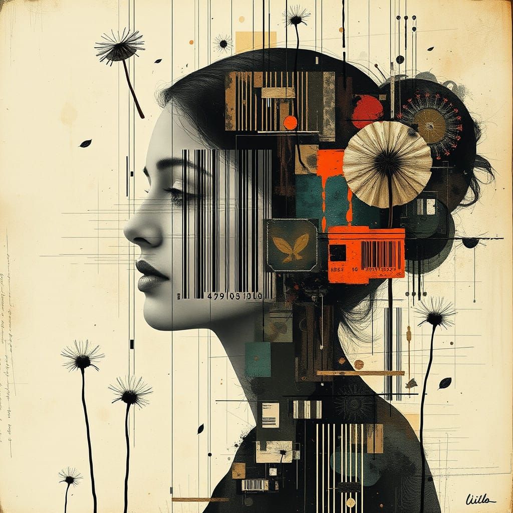 Surreal Mashup of a Woman in a Barcoded Glitchy World