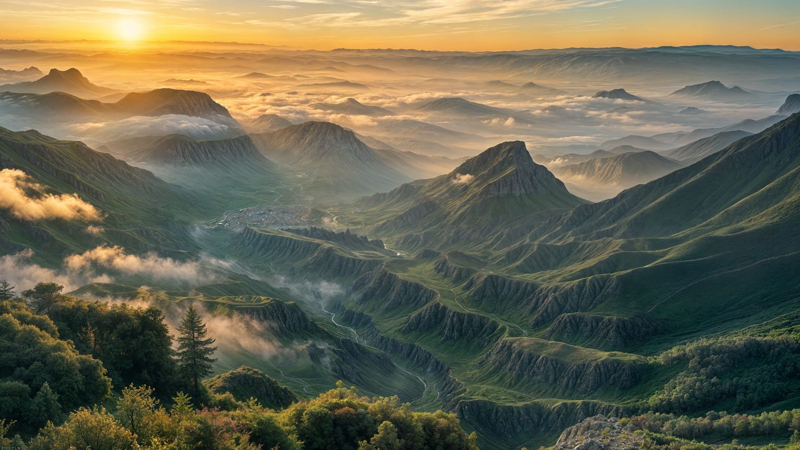 Surreal Valley Dawn with Fractal Landscape in Hyper Color