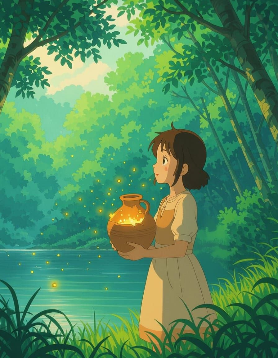 Girl Releases Fireflies in Ghibli Anime Forest