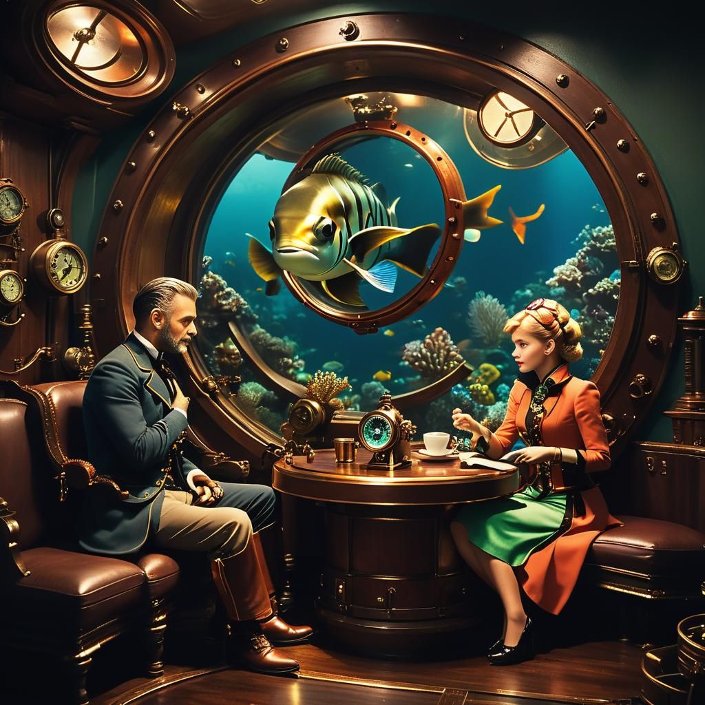 Nemo and Tinkerbell Enjoy Coffee in Steampunk Nautilus