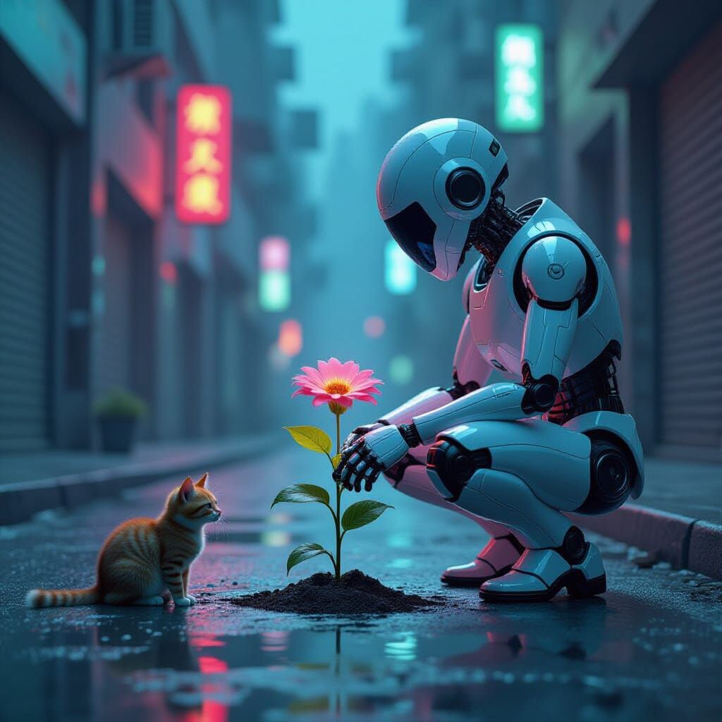 Android Tends Flower in Neon Cyberpunk City