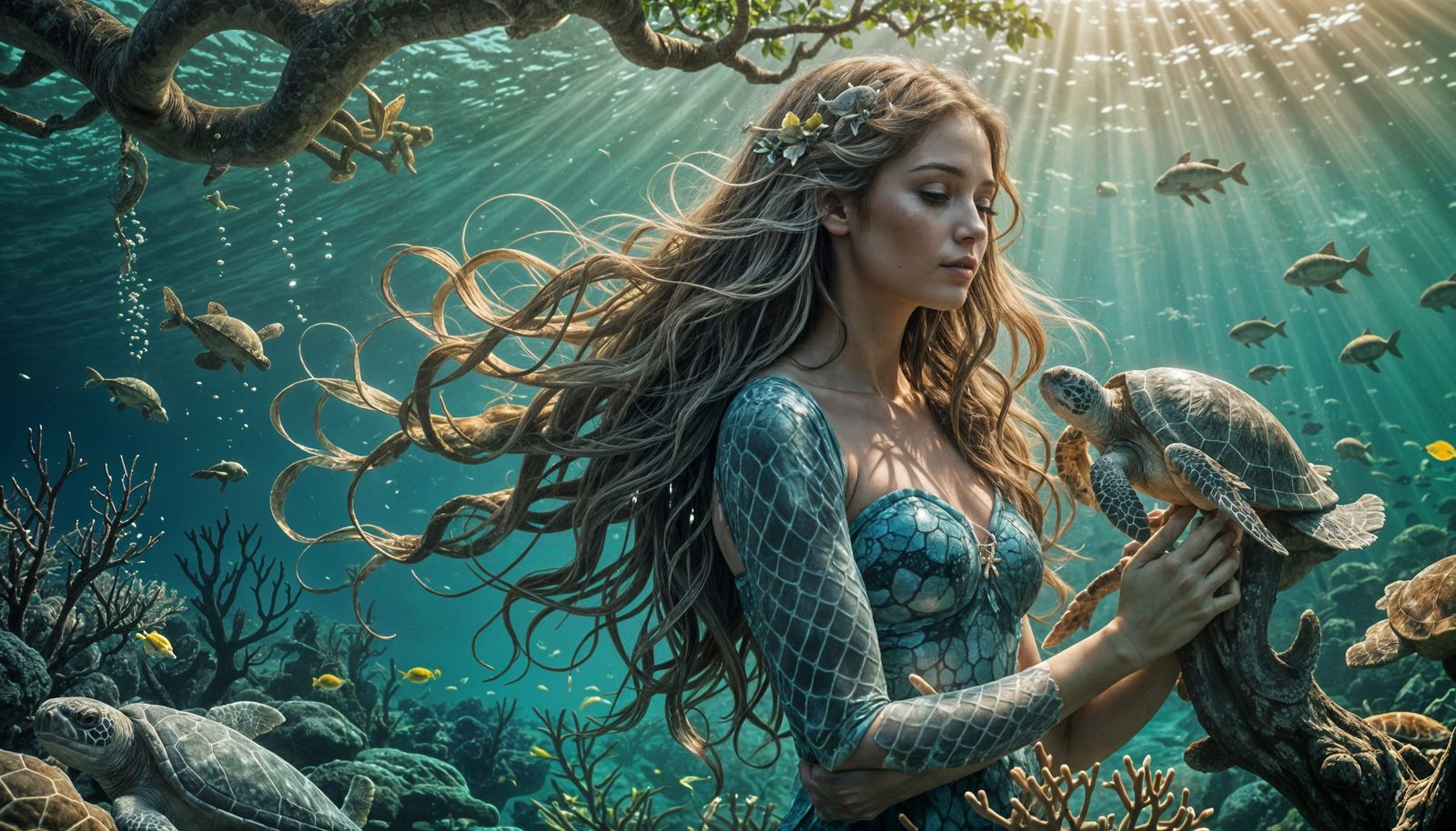 Underwater Goddess in a Tranquil Bayside Scene